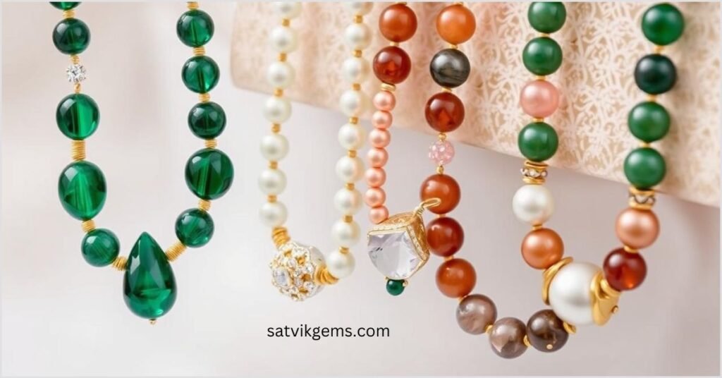 Latest gemstone bead necklaces by Satvik Gems, featuring vibrant color trends of 2025, showcasing a blend of deep emeralds, soft pastels, and rich earth tones, intricate crystal combinations with shimmering accents, elegant layouts with varying bead sizes and textures, set against a softly blurred background."